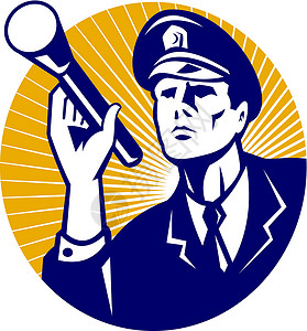 配有闪光灯侦察队的警察警卫警卫男性艺术品手电筒保安员火炬插图男人零售商背景图片