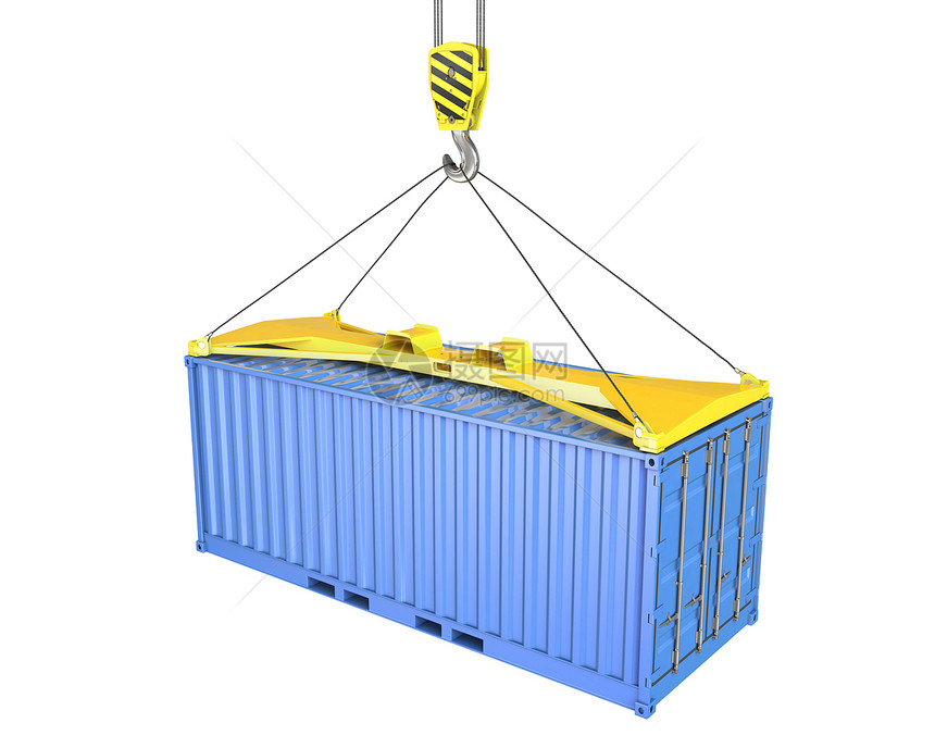 吊装在集装箱吊具上的货运集装箱血管金属货物载体海洋起重机仓库绿色把手运输图片
