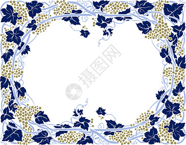 葡萄枝边框架蓝色漩涡金子季节纺织品美丽叶子装饰插图背景图片