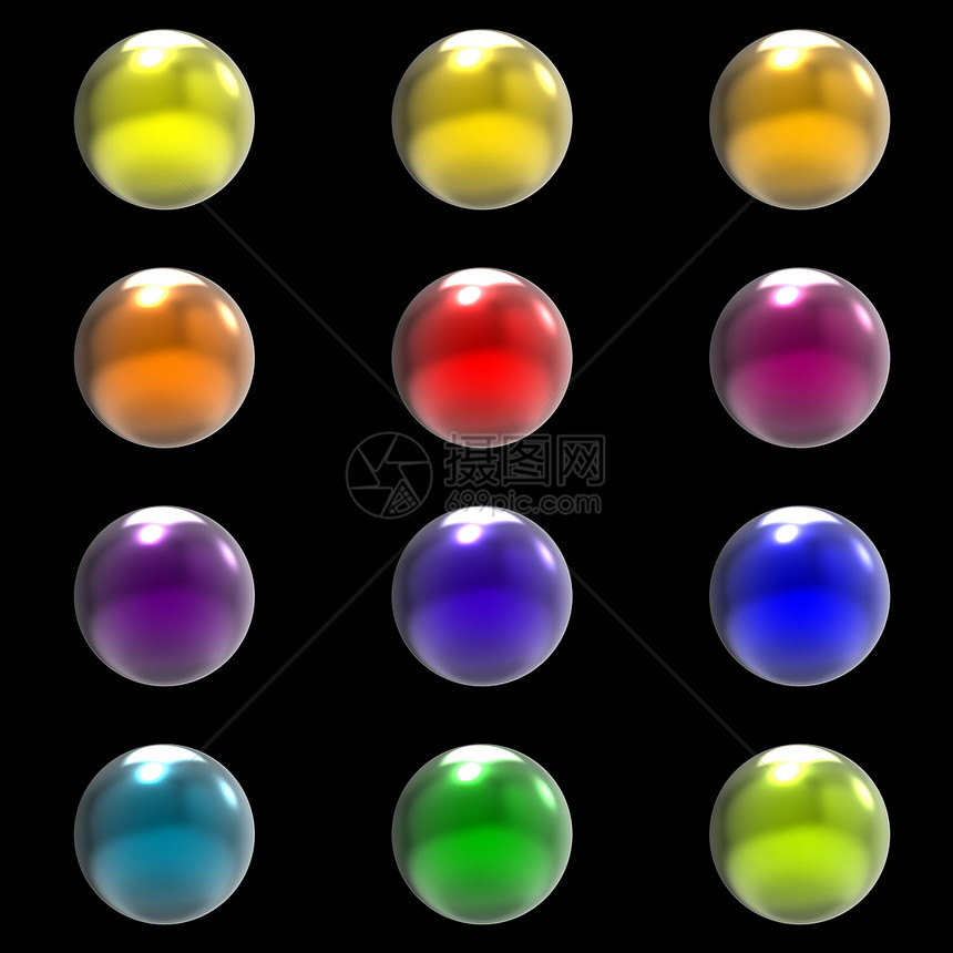 黑色背景上孤立的铬金属不同颜色球组(Chrome)图片