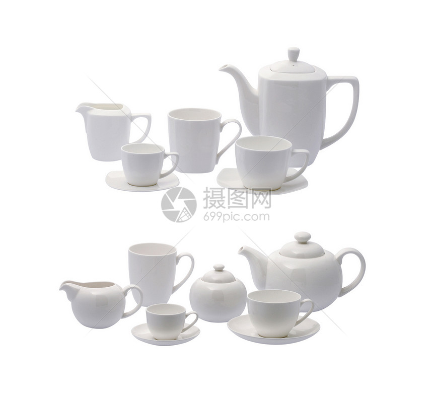 白瓷茶套 白色背景上隔开杯子食物厨具茶壶餐厅工具餐具糖罐图片