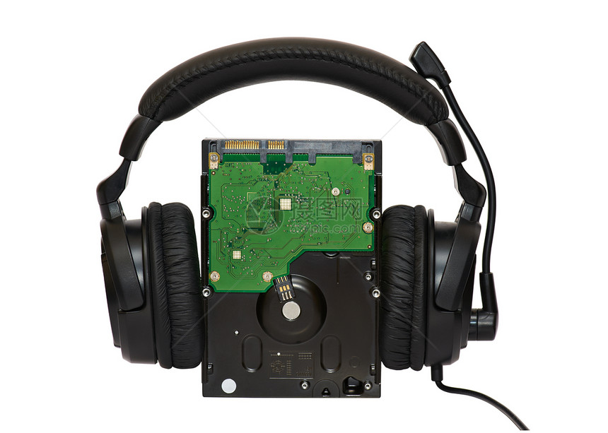 带耳机的HDD电脑记忆激流字节麦克风电子产品白色数据互联网黑色图片