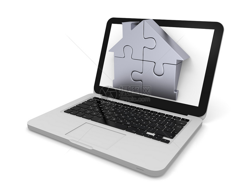 笔记本电脑屏幕上的主锯互联网房子玩具解决方案技术拼图财产网络房地产插图图片