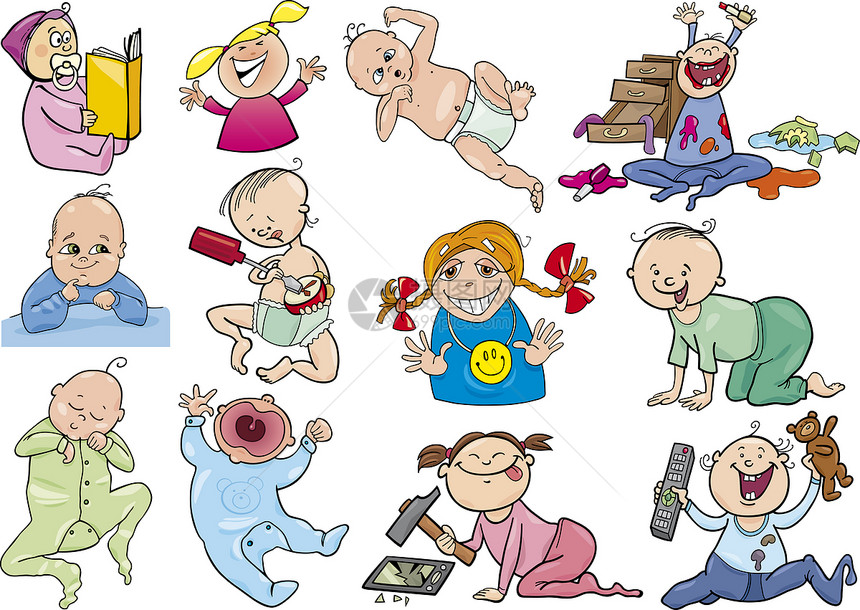 婴儿和儿童漫画系列艺术女孩破坏尿布损害新生绘画后代婴儿期微笑图片