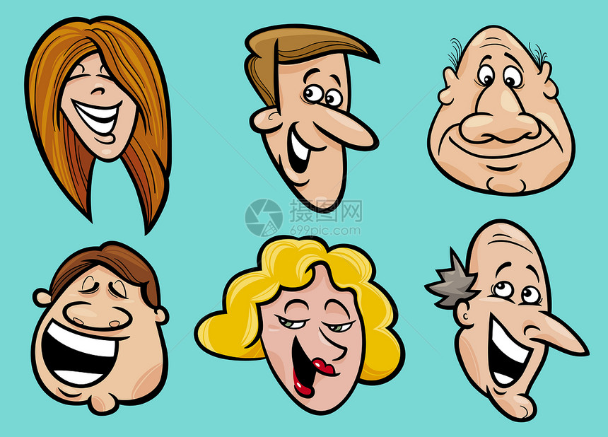 一群快乐的人群的脸蛋插图女士乐趣漫画团体绘画朋友面孔女孩男人图片