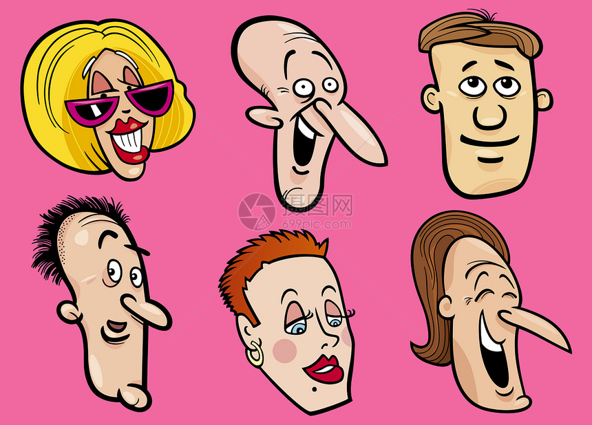 一群快乐的人群的脸蛋漫画面孔插图团体乐趣女孩绘画男人微笑女士图片