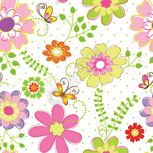 春时多彩花朵无缝模式粉色黄色叶子绿色蝴蝶插图蜻蜓墙纸季节季节性背景图片
