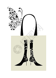 地产手提袋包装配有花花装饰 购物袋的女性靴子的时装设计设计图片