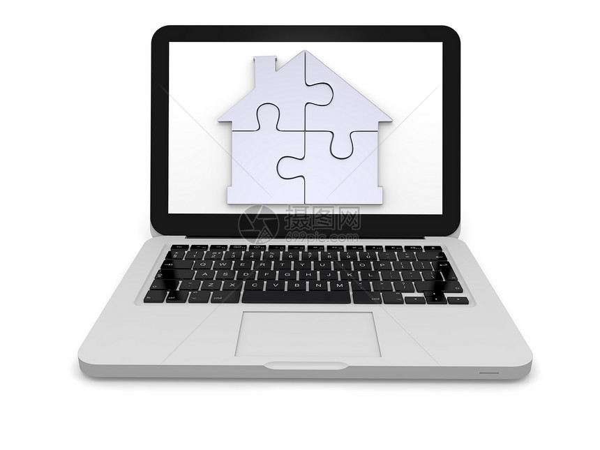 笔记本电脑屏幕上的主锯插图技术房地产财产房子互联网解决方案玩具网络拼图图片