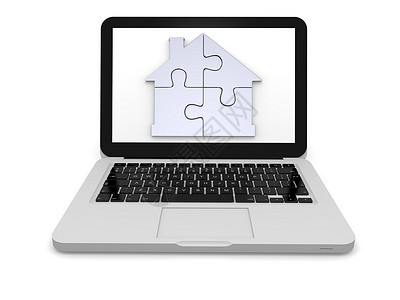 笔记本电脑屏幕上的主锯插图技术房地产财产房子互联网解决方案玩具网络拼图背景图片