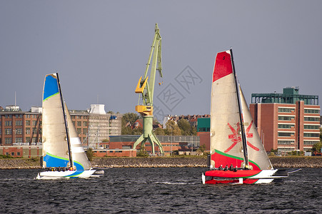 达亚马兰双体帆船桅杆海岸竞赛船舶风帆航行极端码头高清图片