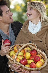 持有一篮子苹果的夫妇花园农场季节收获柳条果园树叶小吃夫妻水果背景图片