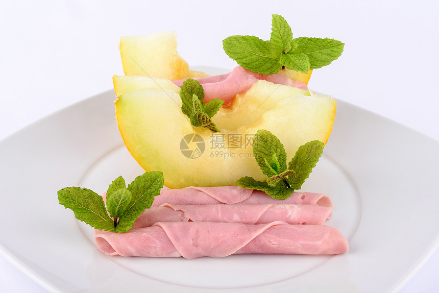 火腿和甜瓜食物白色黄色水果甜点入口盘子美食力量饮食图片