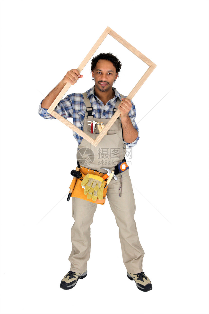 白色背景的木匠工人工具压板职业活动木工成人装潢工作服木头图片