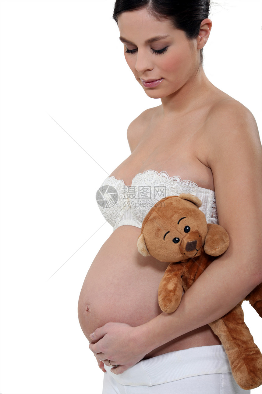 带泰迪熊的孕妇黑发内衣女性家庭胸罩玩具玩具熊女孩们母亲重量图片