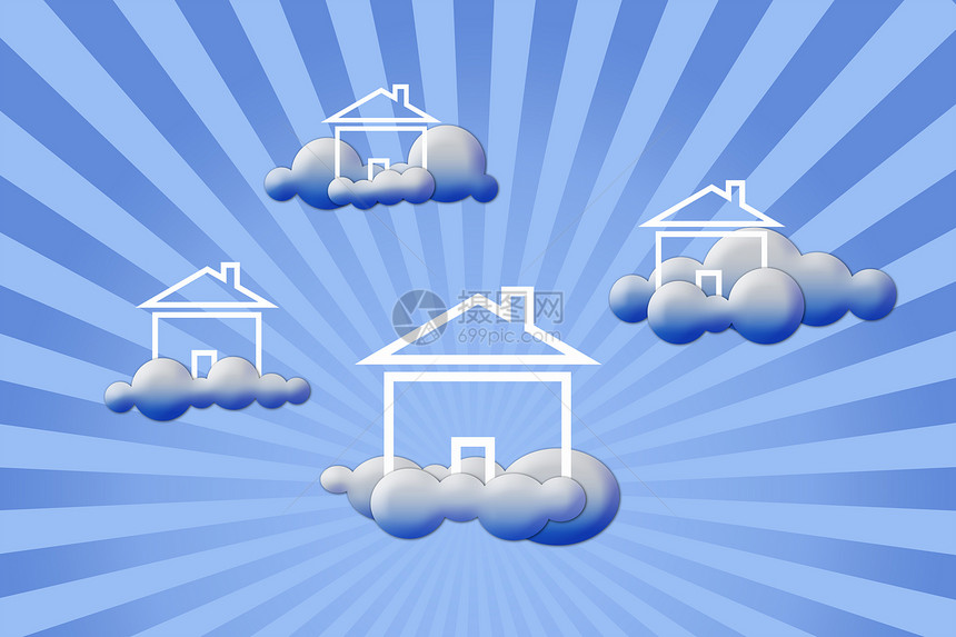 在云中安居房屋房子白色天空天堂商业自由家庭拼贴画想像力蓝色图片