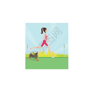 狗跑步慢跑女孩带着她的狗设计图片