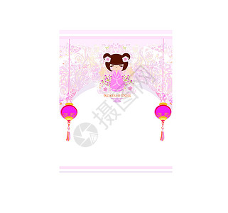 粉红背景的哥克西洋娃娃和花纹装饰品灯笼玩具文化艺妓裙子卡通片乐趣女士女孩插图背景图片