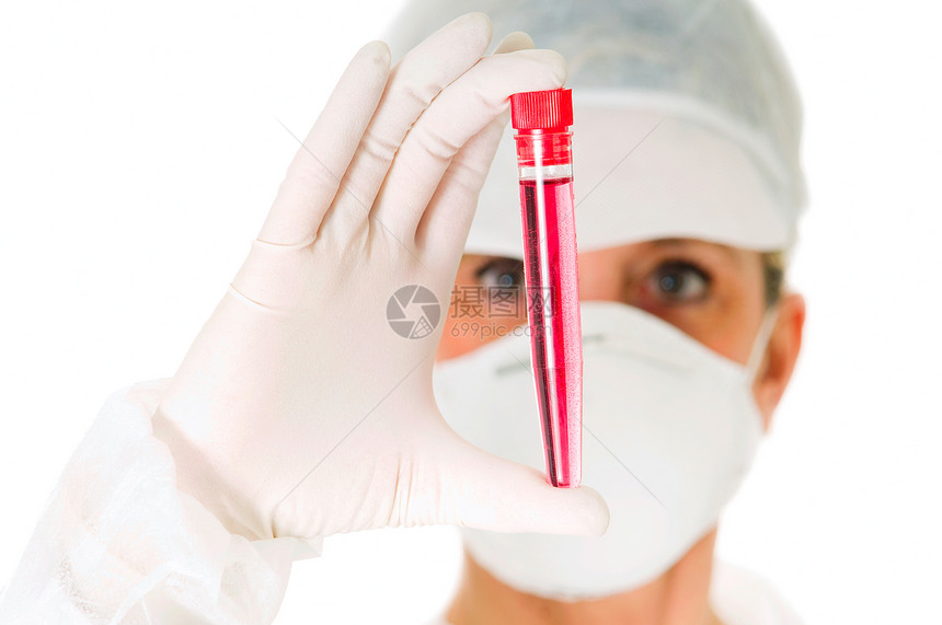 持有测试管的戴面罩女医生药品乳胶考试实验室成人检查体检面具职业女士图片
