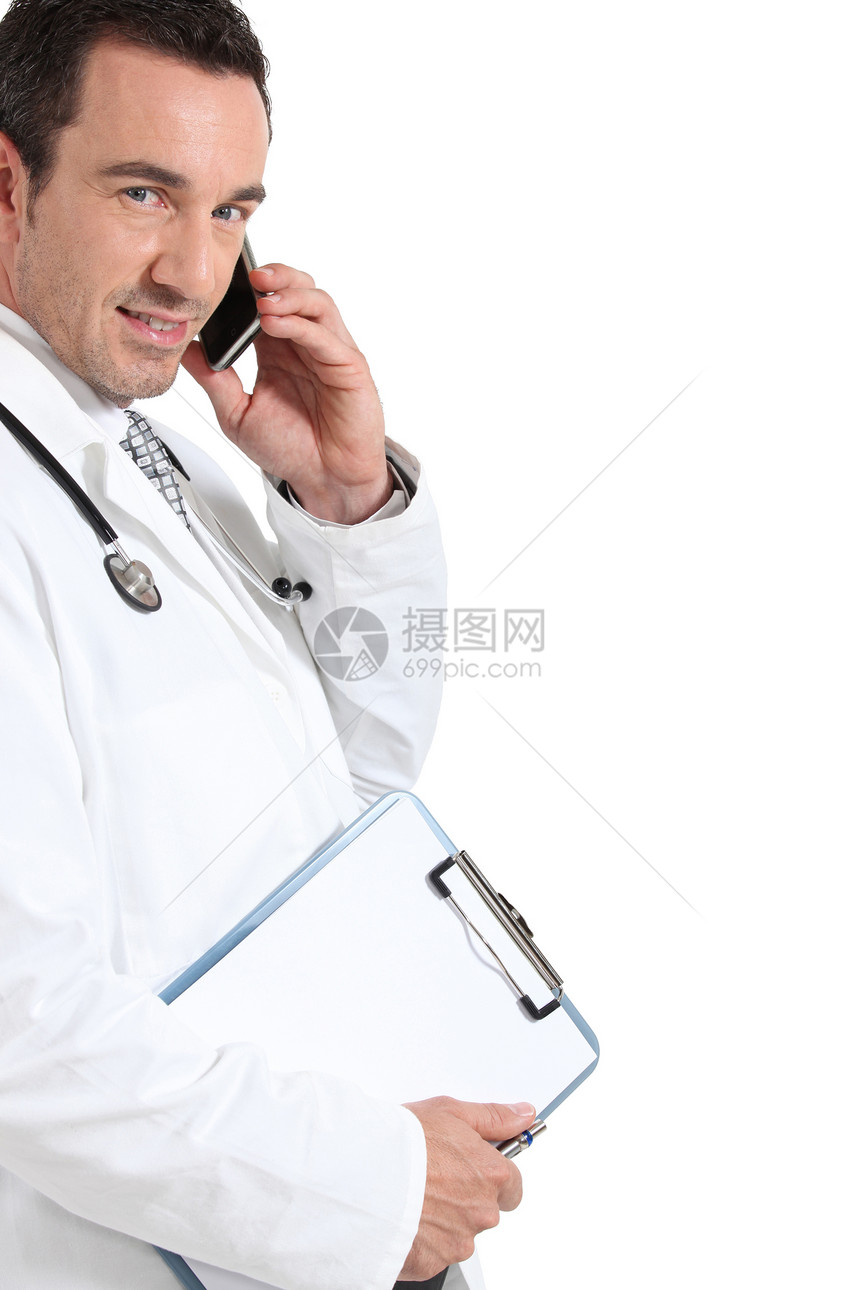 电话医生笑着微笑呼唤全科眼睛头发医院男人蓝色配置棕色药品图片