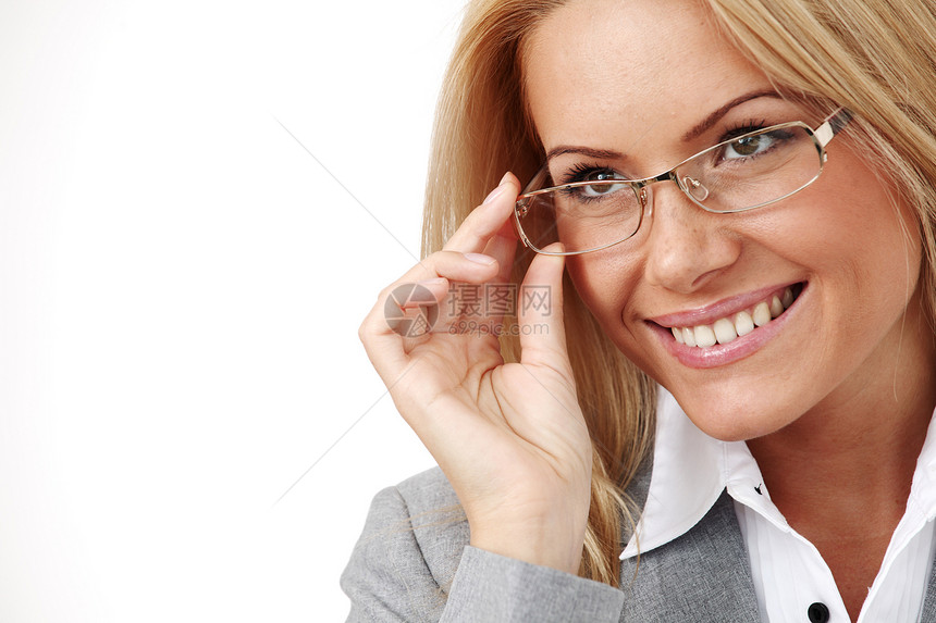 戴眼镜的女商务人士女士眼镜成人青少年女性牙齿头发快乐商业幸福图片