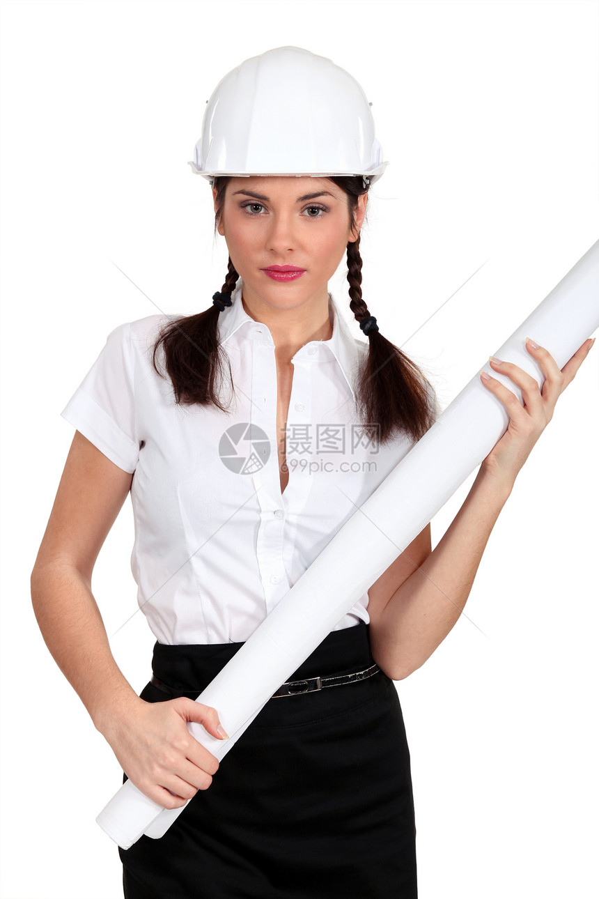 女建筑师微笑打印女性老板蓝色安全商业帽子承包商职业图片