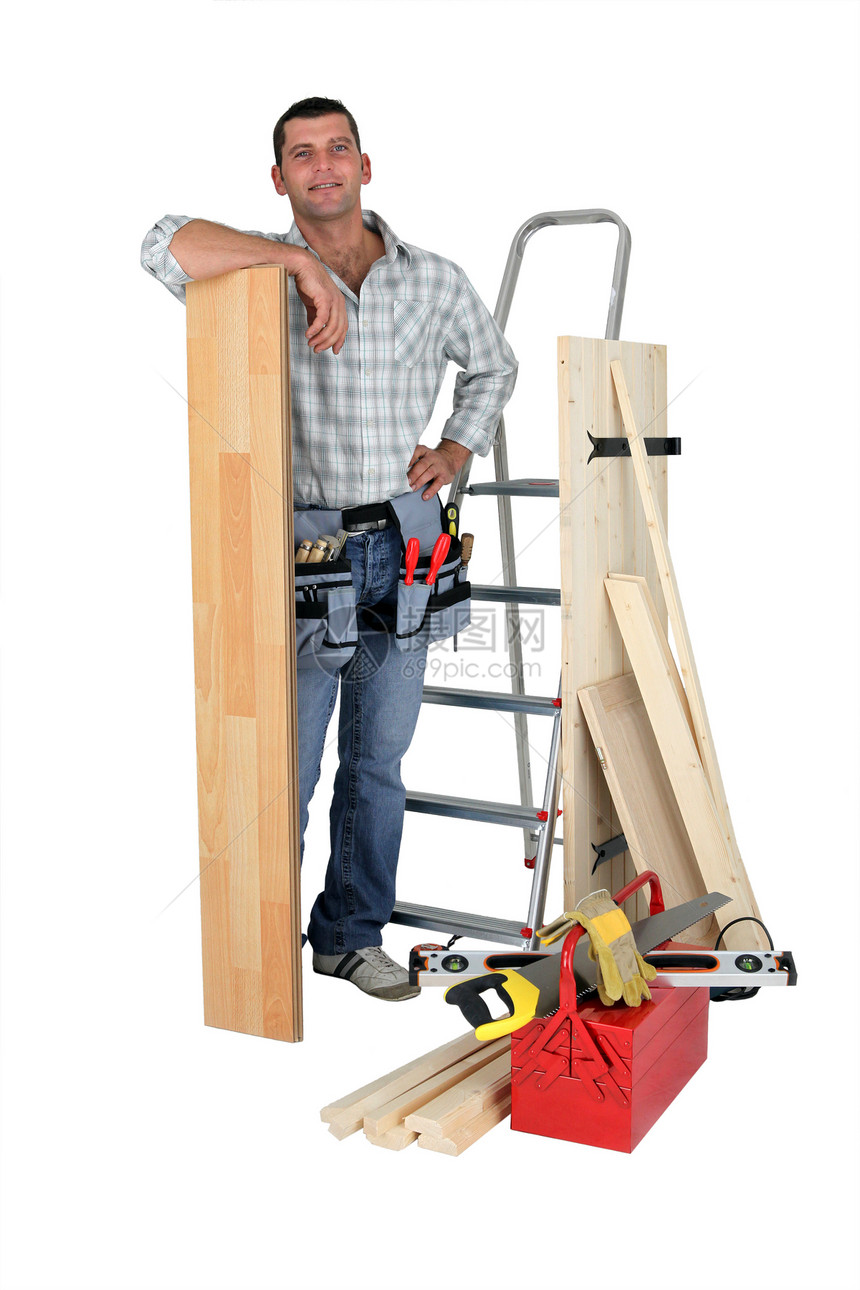 带有地板的木匠建设者男人控制板压板职业木工铺板工具工作甲板图片
