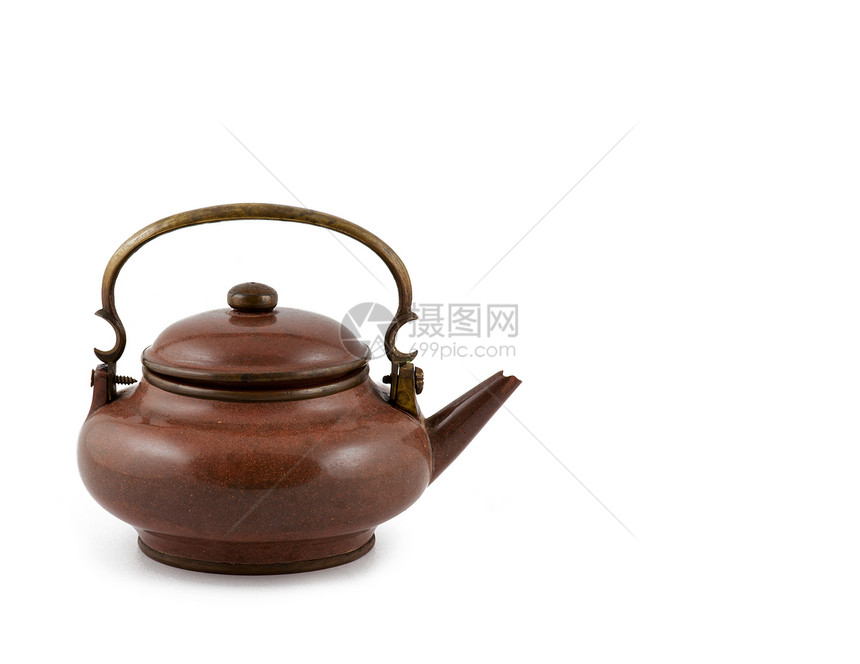 孤立的旧茶壶用具锅炉水壶厨具艺术黄铜液体饮料文化古董图片