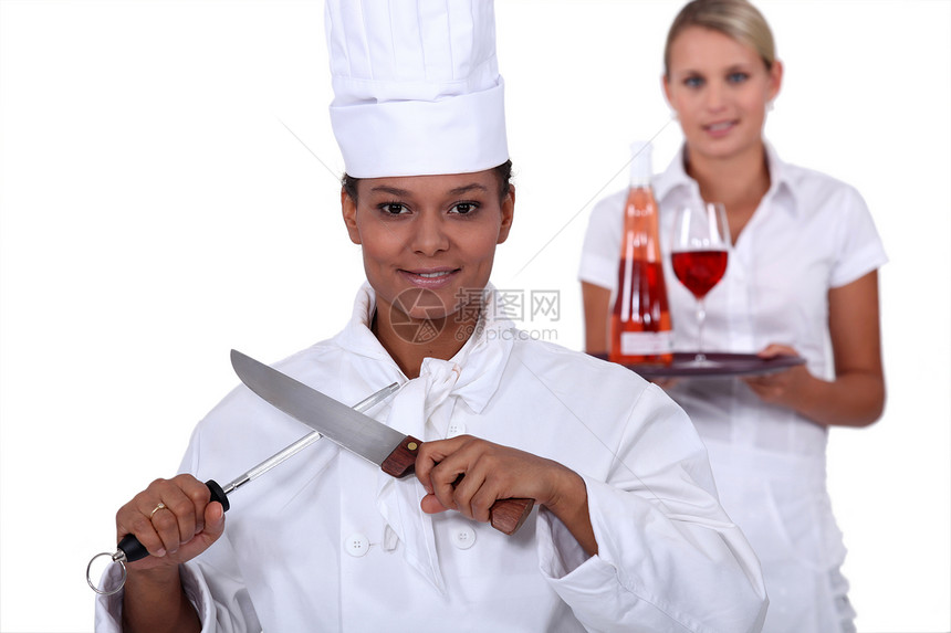 厨师和女服务员金发女郎白色餐厅帽子广告托盘女性杯子背景服务图片