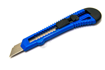 办公用刀工具蓝色黑色金属刀刃商业白色乐器背景图片