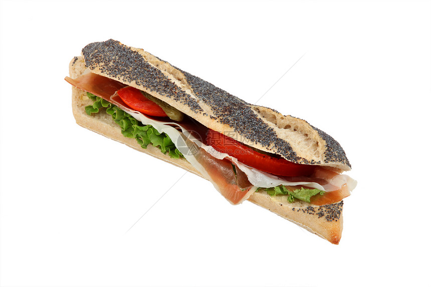 白背景孤立的桑威奇洋葱面包香菜沙拉白色食物美味硬皮火腿午餐图片