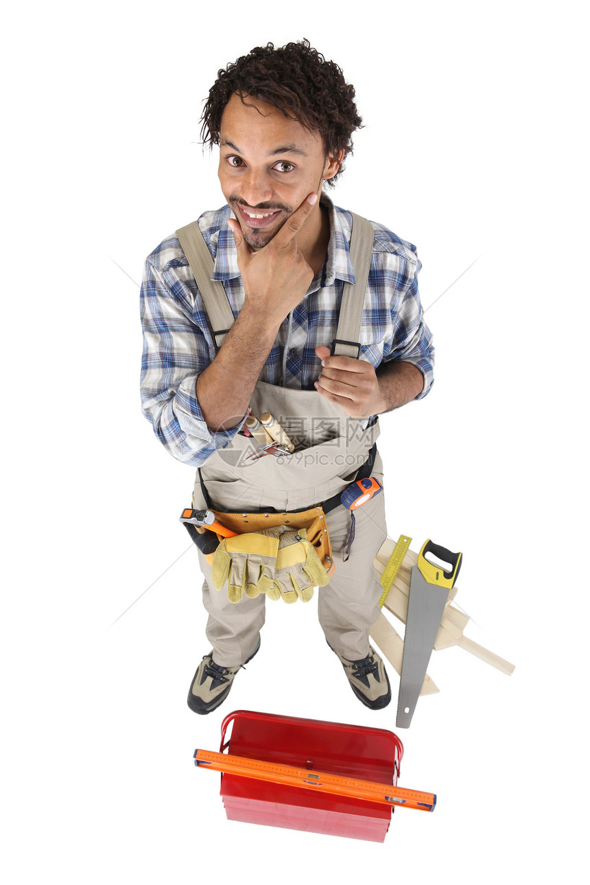 商务人士的肖像工作服工具箱修理工男性工装裤衣领蓝色领班工人高水平图片
