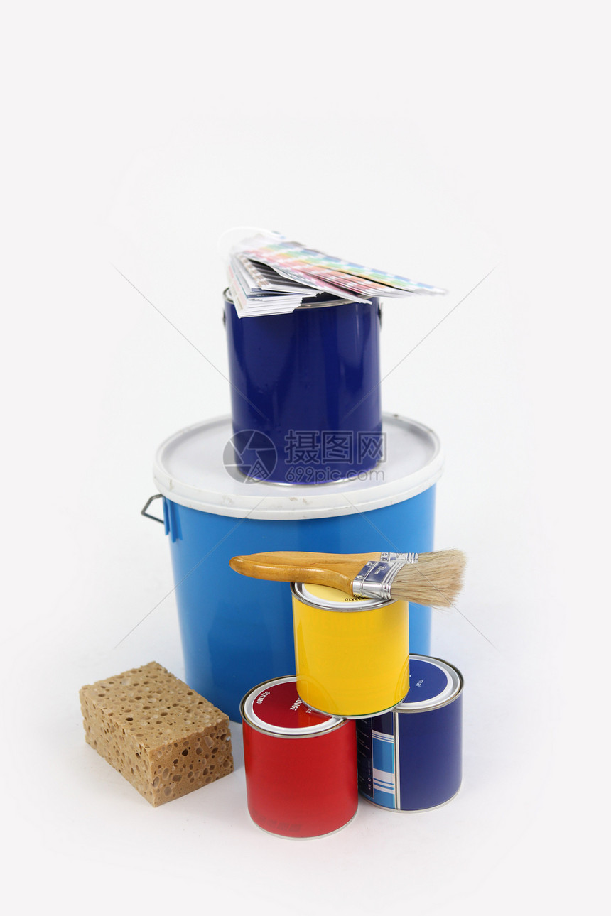 油漆罐和刷子木头工作乐器袖子蓝色艺术家马毛描绘艺术画笔图片