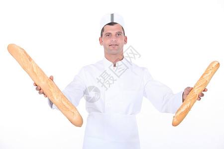 面包师肖像男人工作室法棍食物帽子面包质量传统衣服职业背景图片