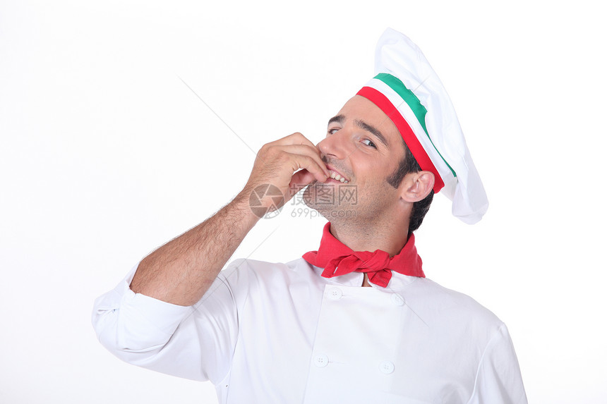 意大利大厨男性微笑工作室帽子绿色外套夹克手指烹饪接吻图片