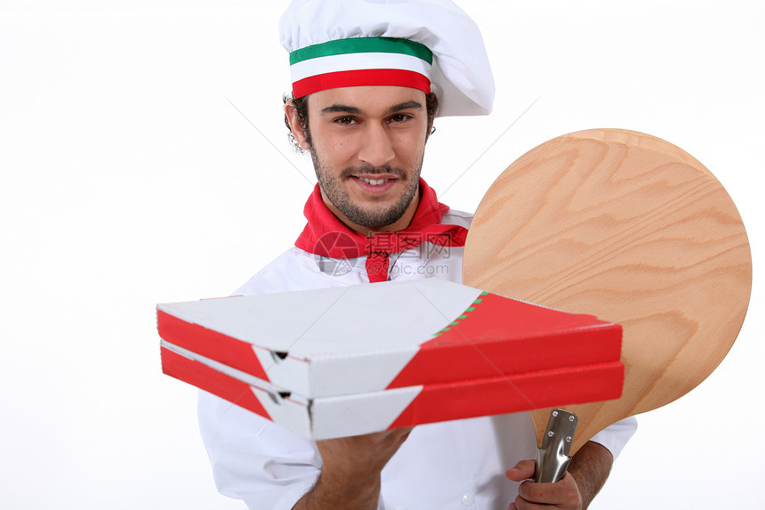 比萨厨师绿色烹饪美食红色头发帽子胡须餐厅夹克男性图片