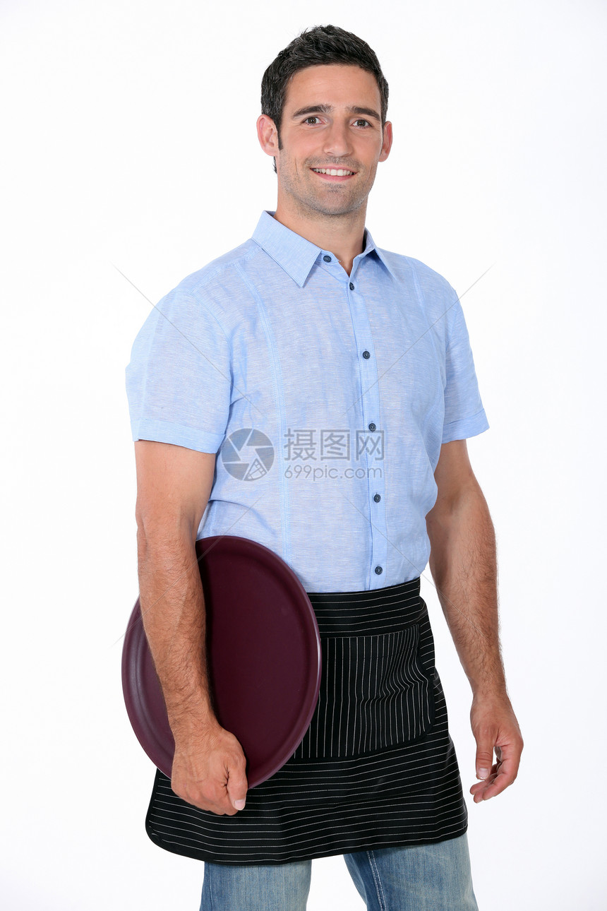 带着托盘的侍者肖像咖啡店员工命令白色职业服务清洁度衬衫服务器酒吧图片