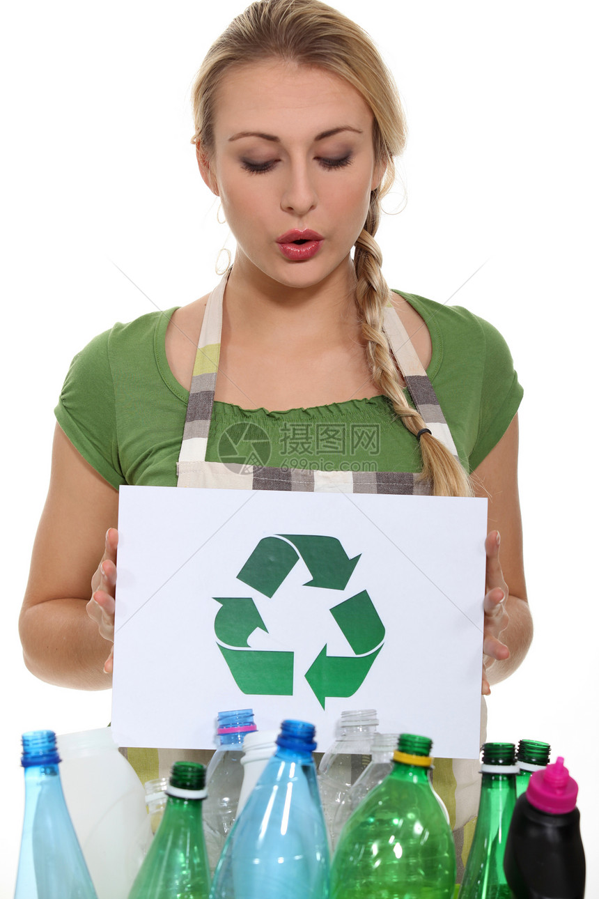 青年妇女回收瓶子绿色金发女郎生态公民头发女士惊喜工作室盒子白色图片