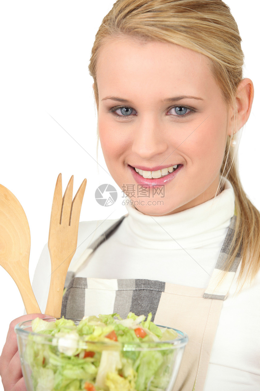 金发女孩吃绿色沙拉图片