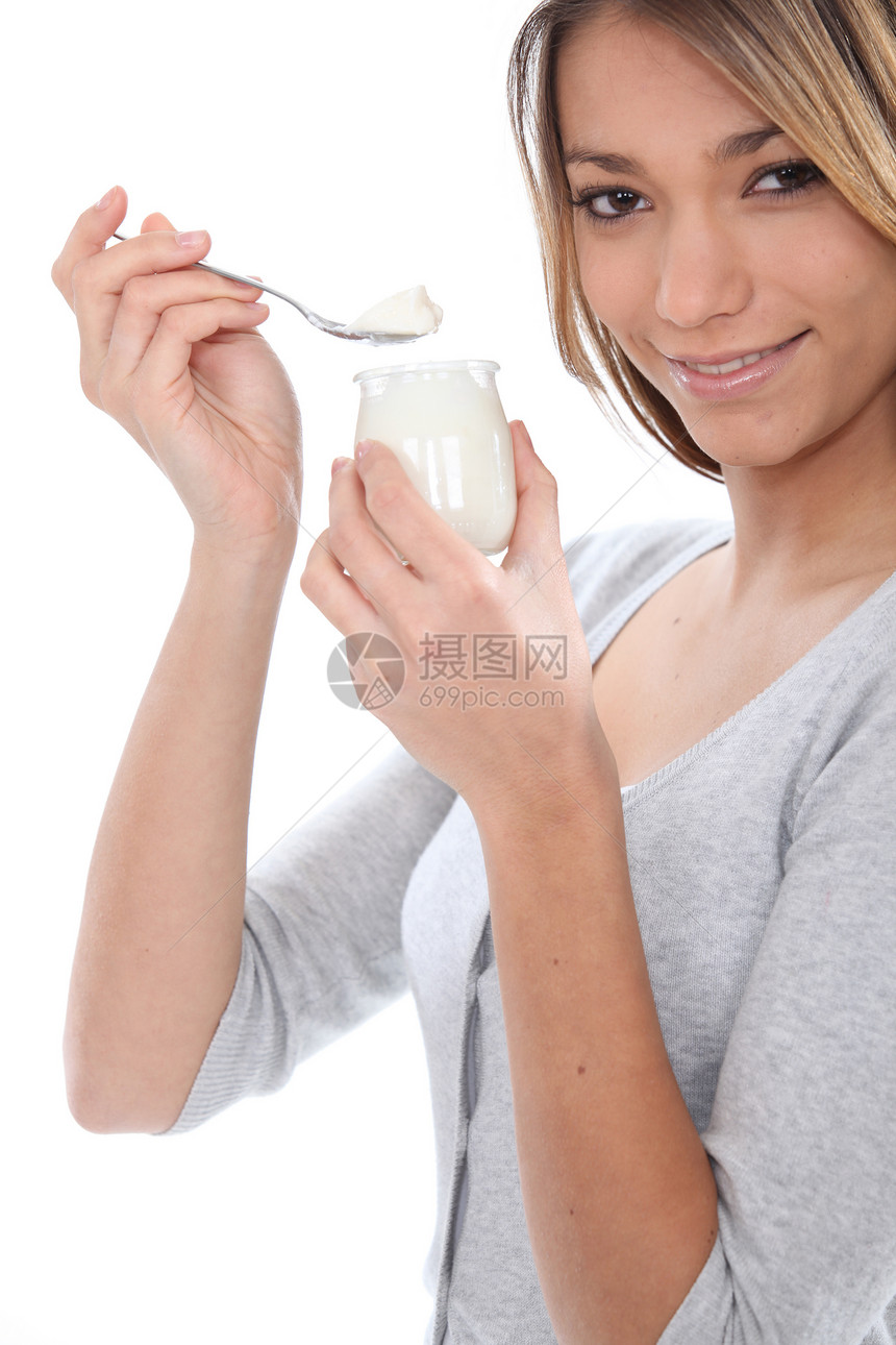 女人吃酸奶营养品营养情感饮食牛奶女士活力女孩小吃甜点图片