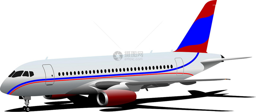 乘客飞机在空中飞行 矢量插图跑道天空交通车轮车辆翅膀运输旅行飞机场商业图片