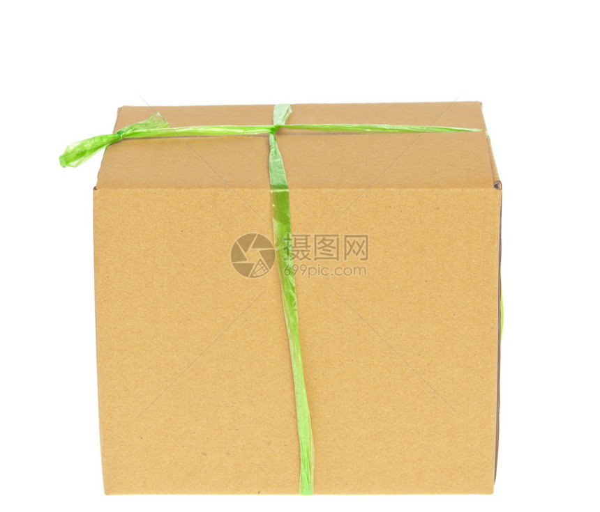 配有绿色绳索的纸箱船运打包机瓦楞礼物纸盒白色棕色邮政纸板贮存图片