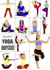运动瑜伽海报大套瑜伽练习     矢量海报肌肉运动咒语力量身体健身房精神闲暇冥想姿势背景