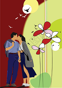 鲜花背景与亲吻情侣 矢量插图星星框架女孩男人男生夫妻女士曲线绿色背景图片