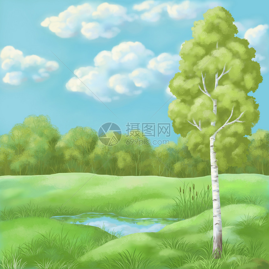 图片 夏季风景桦木手绘生态天气森林写意公园木头天空绘画图片