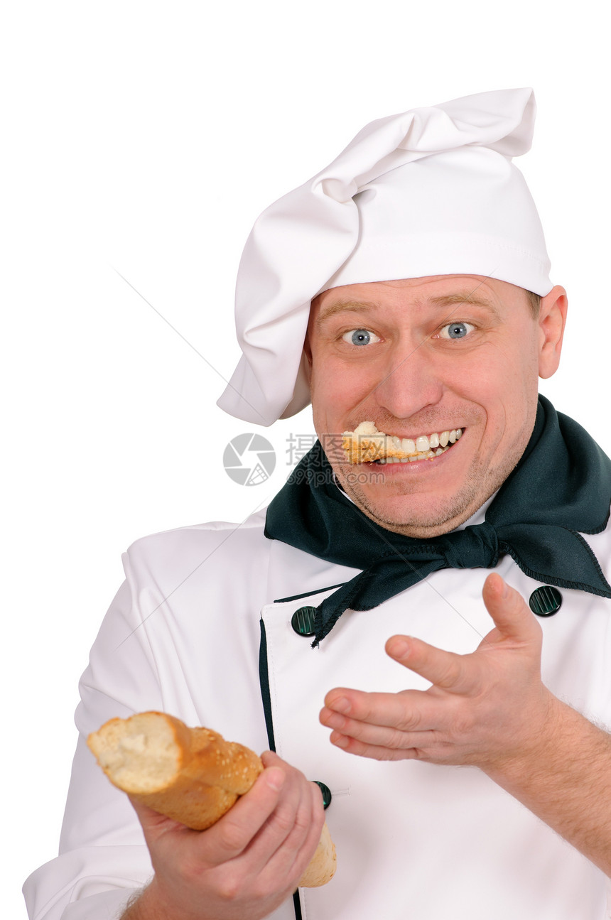 带面包的搞笑厨师男人围裙成人工作围巾头巾微笑厨卫男性快乐图片
