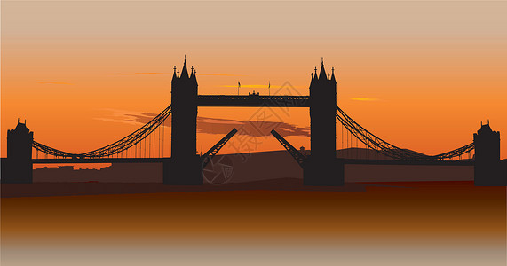 吊桥联合王国伦敦塔桥城市英语插图橙子戒指地标天空首都天际日落插画