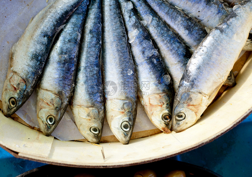 圆木盒中的盐盐沙丁鱼餐厅圆圈生活盐渍市场烹饪美食产品零售营养图片