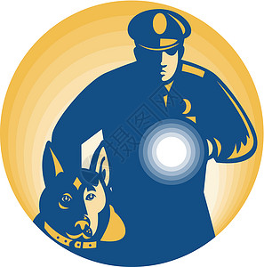 警察和警犬保安员警察警犬犬类艺术品手电筒宠物插图警卫插画
