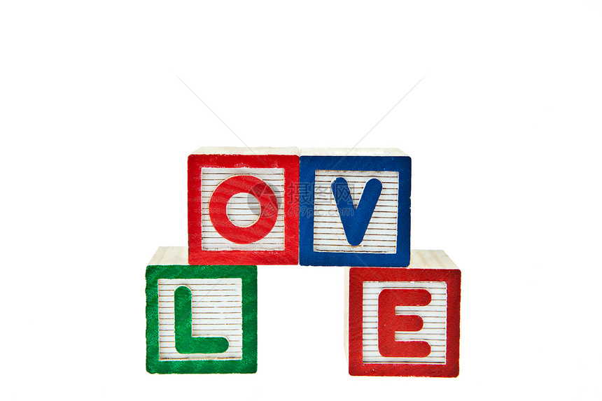 在白色背景中孤立的街区玩具中的爱情绿色笔记拼写蓝色爸爸项目幸福学习木头孩子图片